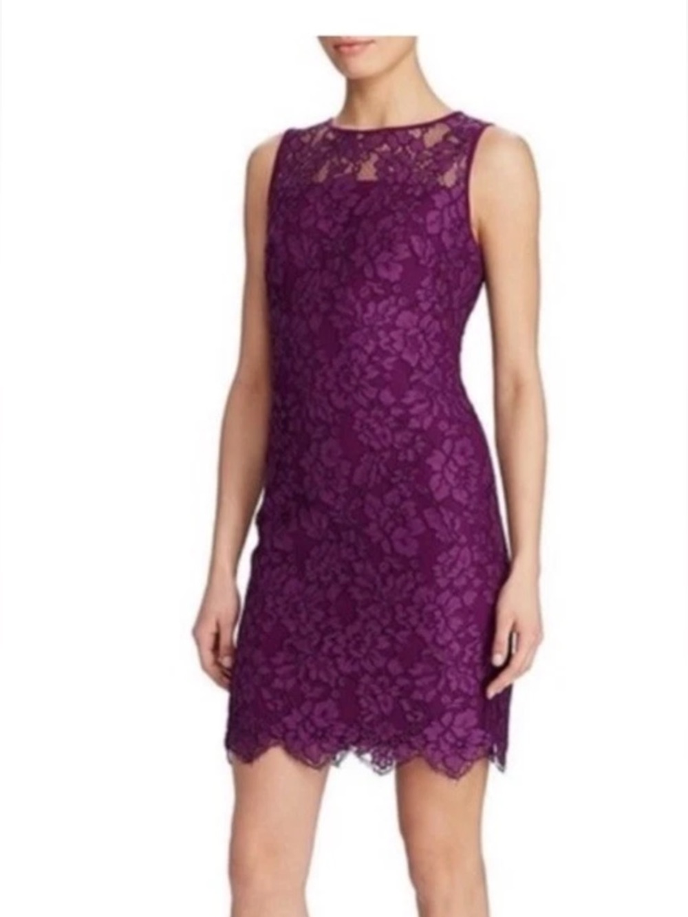 Lauren Ralph Lauren Melia Purple Nude Floral Lace Mesh Sheath Dress Sz 10